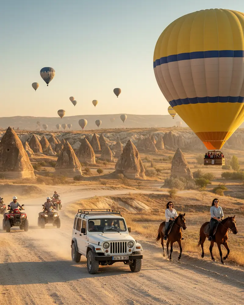Cappadocia valleys explored by Jeep and hot air balloon at sunrise