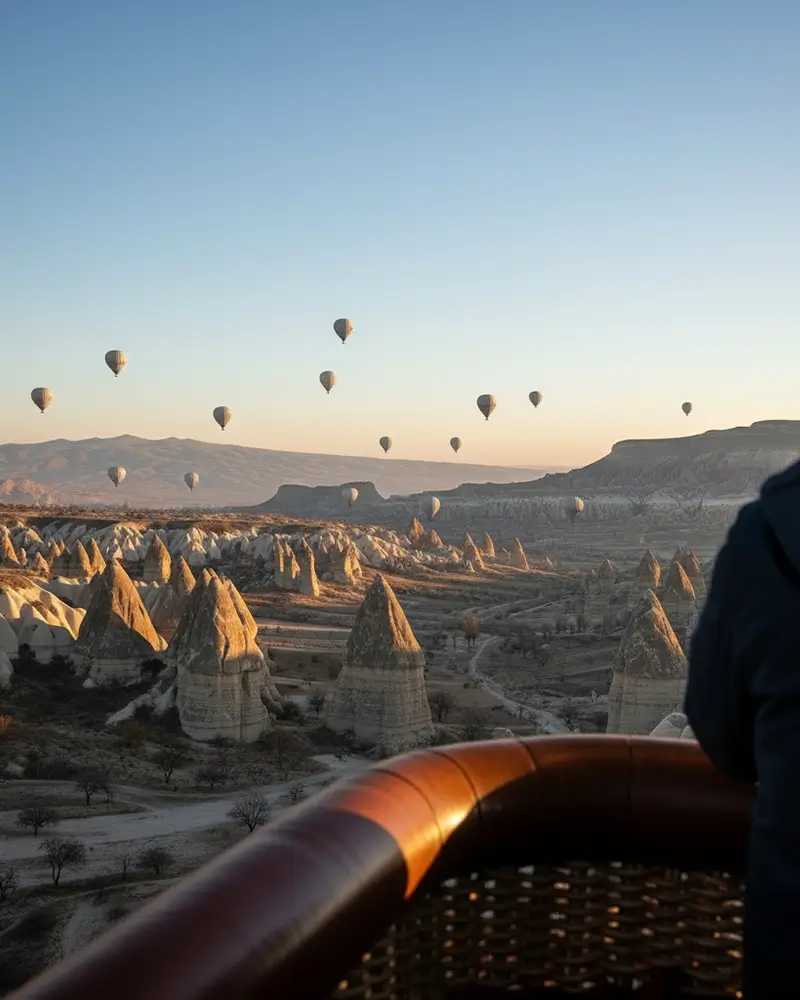 Calm winter morning hot air balloon view from the basket in Cappadocia