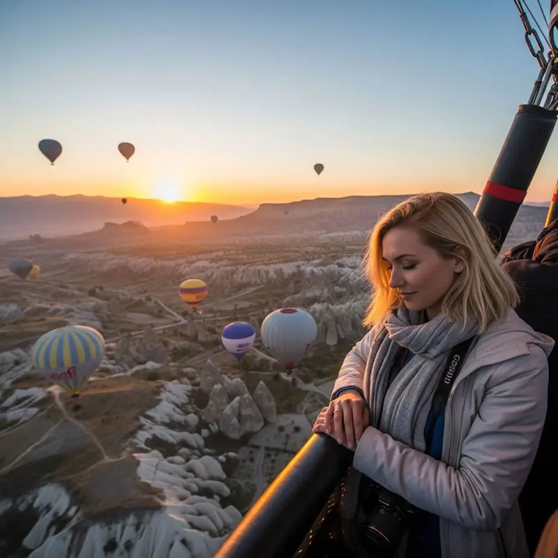 Panoramic view from inside the hot air balloon basket during a Cappadocia sunrise flight