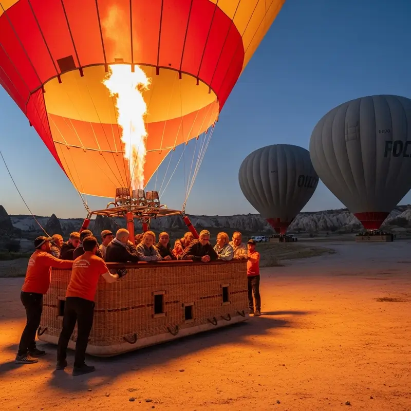 Professional pilot and ground crew inflating hot air balloon during Cappadocia tour preparation