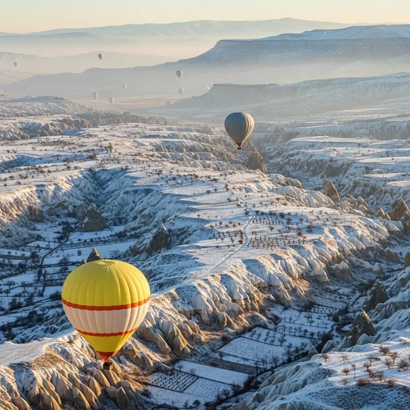 Cappadocia balloon winter 2026 - Hot air balloons over snowy landscapes