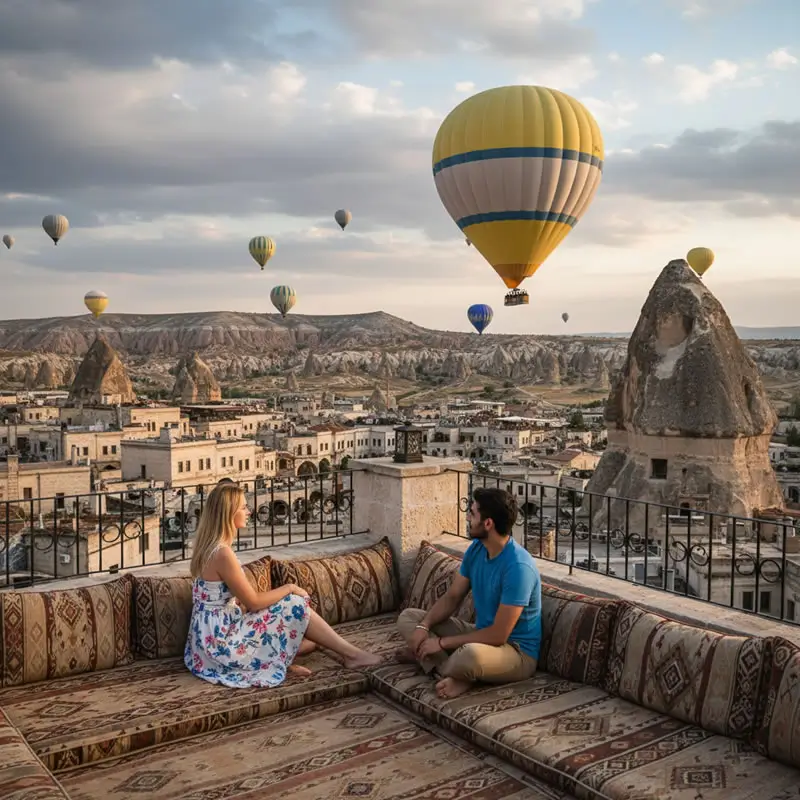 Romantic couple watching hot air balloons from a Cappadocia hotel rooftop