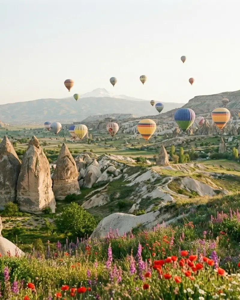 Hot air balloons taking off on a spring morning in Cappadocia