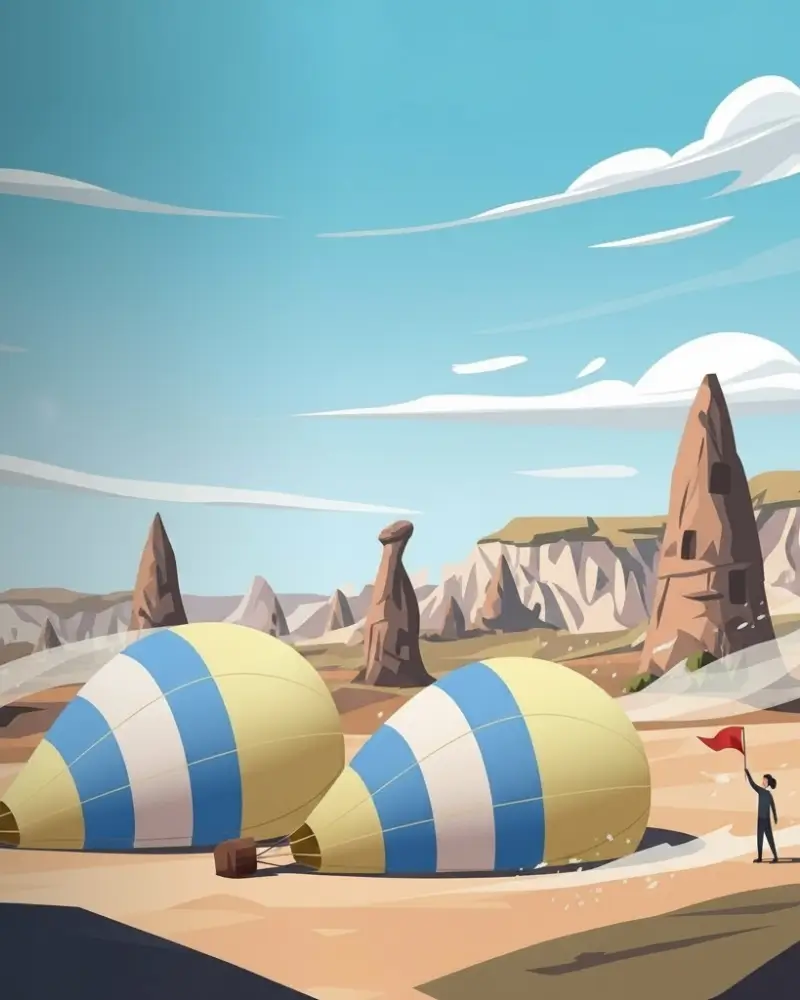 Hot air balloons taking off on a spring morning in Cappadocia